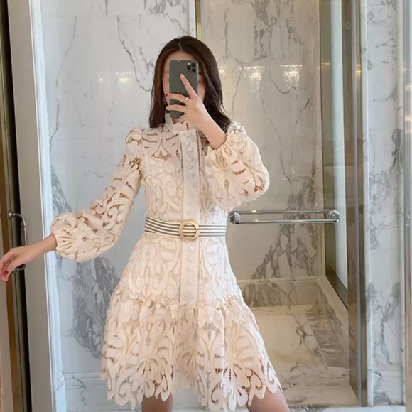 Apricot Lace Lantern Puff Sleeve Dress - Picture 2 of 10